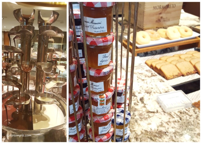 The left photo is the duo chocolate fondue at dinner buffet and the one on the right is the breakfast jam spread.